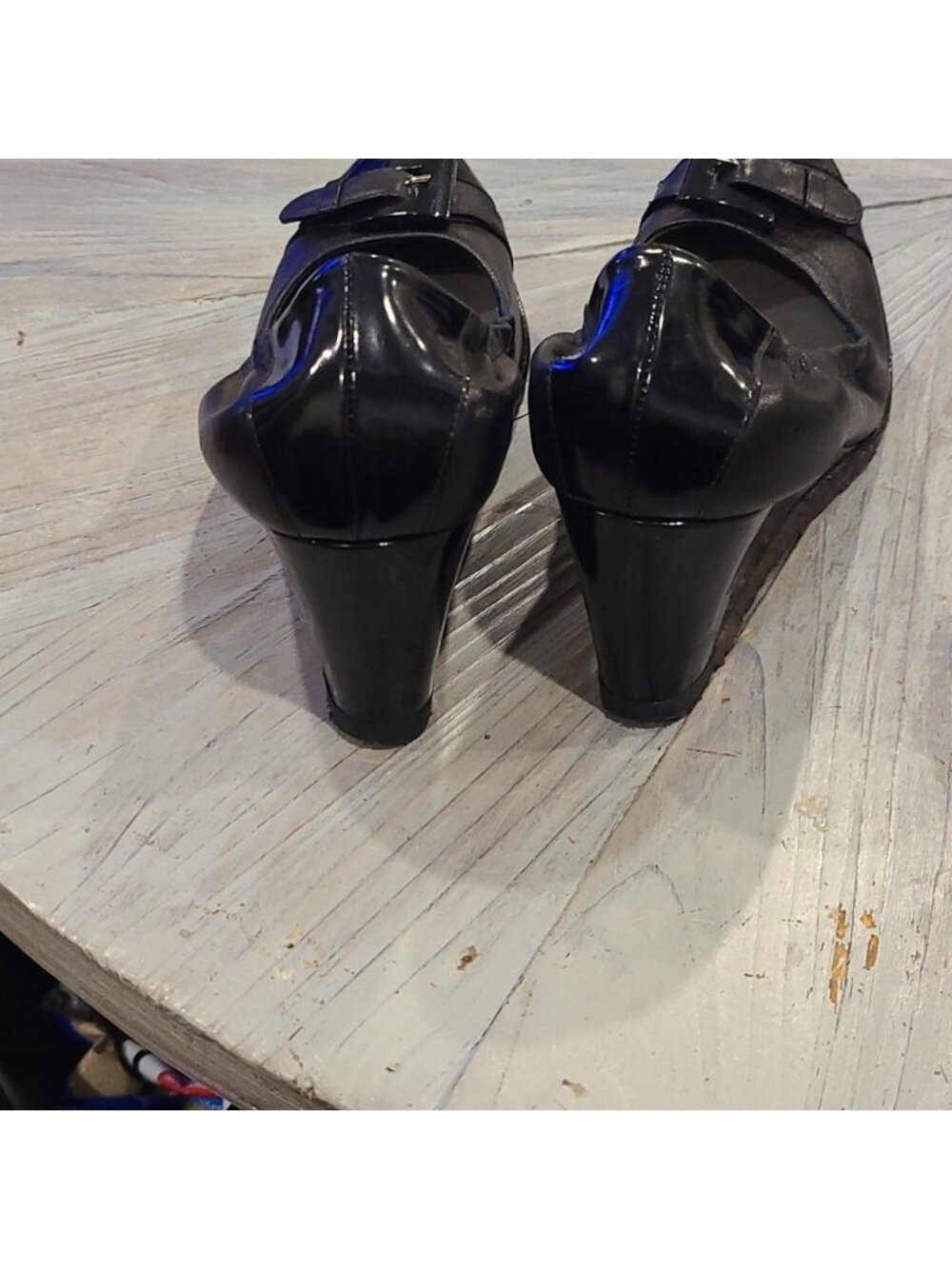 Stuart Weitzman black leather with patent leather wedge heels - Picture 5 of 7